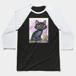 Cute black cat with purple background and flowers Baseball T-Shirt